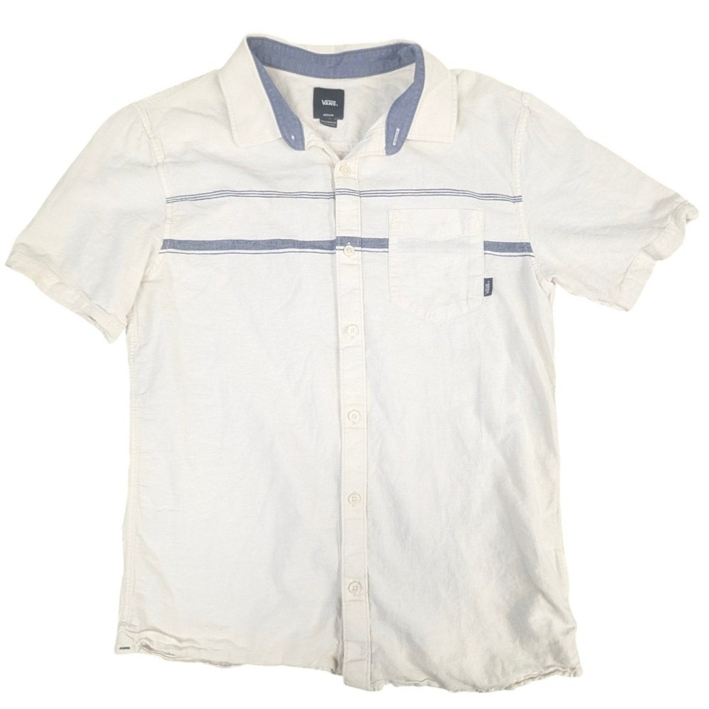 Vans Shirt Mens Medium White Blue Striped Cotton Linen Short Sleeve Beach